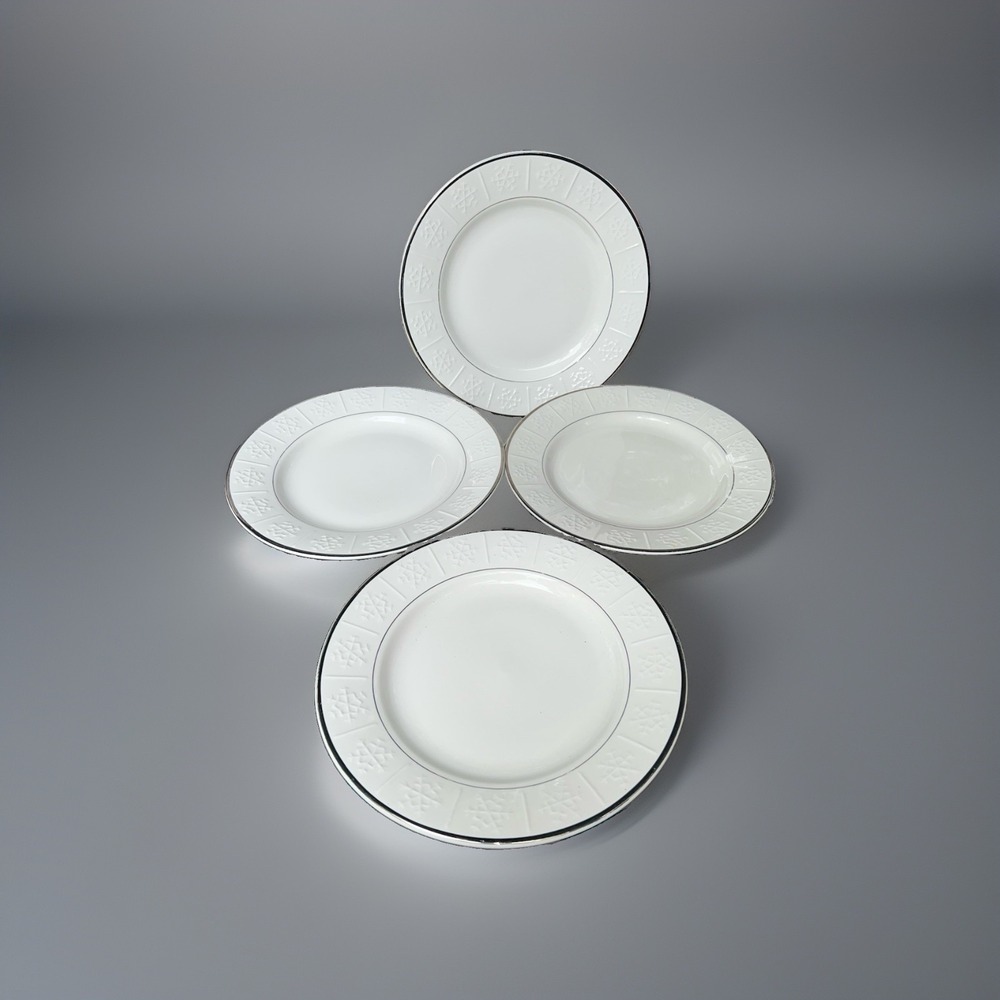 4 Pier 1 Porcelain Plates, White Snowflake Silver Trim, Embossed Rim, Round 11"